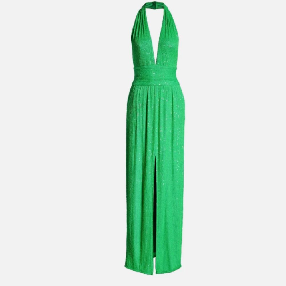 new TADASHI SHOJI Sasha Sequin Halter Maxi GOWN Dress Lime Green STUNNING! - Picture 14 of 16